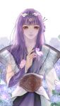  1girl absurdres asymmetrical_sleeves bug butterfly flower hair_flower hair_ornament hair_rings hand_up highres long_hair looking_at_viewer needle purple_hair qin_shi_ming_yue shao_siming_(qin_shi_ming_yue) shao_siming_guang_wei smile solo upper_body veil white_background 