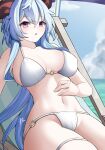  1girl absurdres ahoge bangs beach_chair bikini blue_hair blue_sky breasts cloud cumulonimbus_cloud eyebrows_visible_through_hair fingernails ganyu_(genshin_impact) genshin_impact goat_horns hair_between_eyes hand_on_own_stomach highres horns large_breasts leaning_back long_hair looking_at_viewer low_ponytail multicolored_eyes navel o-ring o-ring_bikini open_mouth outdoors purple_eyes seasonsun signature sitting skindentation sky solo string_bikini swimsuit thigh_strap undersized_breast_cup upper_body white_bikini 