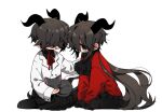  2girls animal animal_on_lap black_cat black_eyes black_hair cat cornelia_schadenfreude_(koyashaka) dark_skin demon_girl demon_horns gothic hand_on_another&#039;s_shoulder horns koyashaka long_sleeves looking_at_another mariela_schadenfreude_(koyashaka) multiple_girls on_lap original siblings sisters skirt transparent_background 