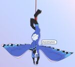  absurd_res anthro avian balls bdsm beak bird blue_body blue_eyes blue_feathers bondage bound feathers genitals hanging_by_feet hi_res humanoid looking_at_viewer male nude simple_background solo speech_bubble spread_wings text tyler_3d_(artist) wings 