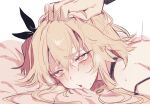  1boy ahegao androgynous bed blonde_hair blush envy_elika_(koyashaka) facing_viewer grabbing_another&#039;s_hair hair_ribbon highres koyashaka looking_up lying male_focus on_stomach original otoko_no_ko ribbon solo tears white_background yellow_eyes 