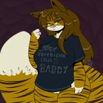  barely_visible_genitalia clothing eyewear felid feline female fur genitals glasses hair hi_res long_tail mammal maynara pantherine pantsless shirt simple_background striped_body striped_fur stripes text text_on_clothing tiger topwear yellow_eyes 