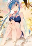  1girl backlighting bad_source bai_xiuxiu_(douluo_dalu) bart._d black_hair blue_hair blurry blurry_foreground collaboration cover cover_page douluo_dalu dr._daji from_below hair_over_one_eye hair_ribbon long_hair official_art palm_tree ribbon sand smile sparkle splashing swimsuit third-party_source tree wet 
