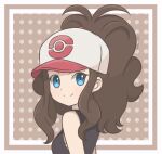  1girl baseball_cap black_vest blue_eyes border brown_background brown_hair chocomiru closed_mouth commentary english_commentary happy hat hilda_(pokemon) long_hair looking_at_viewer outside_border poke_ball_print pokemon pokemon_(game) pokemon_bw polka_dot polka_dot_background ponytail print_headwear smile solo upper_body vest wavy_hair white_border white_headwear 