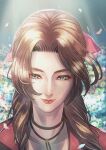  1girl aerith_gainsborough bangs brown_hair choker face falling_petals final_fantasy final_fantasy_vii final_fantasy_vii_remake flower_bed flower_choker green_eyes hair_ribbon highres jacket kikopoko11 lips looking_down parted_bangs petals portrait red_jacket ribbon sidelocks solo wavy_hair 