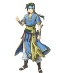  1boy bandages belt braid clenched_hands closed_mouth collarbone fire_emblem fire_emblem:_the_blazing_blade fire_emblem_heroes full_body gold_trim green_eyes green_hair guy_(fire_emblem) hand_up headband highres indesign long_hair looking_at_viewer male_focus non-web_source noots official_art pants pelvic_curtain short_sleeves single_braid smile solo standing sword transparent_background weapon 