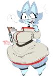  2022 anthro belly blue_body blue_fur blush breasts catrobis clothed clothing dialogue digital_media_(artwork) eyelashes felid female fur holding_object huge_hips huge_thighs looking_at_viewer mammal microphone nitarustarium overweight overweight_female question_mark smile solo thick_thighs uniform wide_hips x-38_(maddeku) 