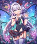  .live 1girl absurdres blush breasts bug butterfly butterfly_wings carro_pino commentary_request hat headband highres long_hair looking_at_viewer medium_breasts navel open_mouth purple_eyes purple_hair silver_s_0119 sleeveless solo thighhighs virtual_youtuber wings 