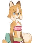  1girl :3 animal_ears bandeau blonde_hair blue_eyes bob_cut breasts cleavage closed_mouth colored_skin flat_chest fox_ears fox_tail furry furry_female heart highres looking_at_viewer noko_(sui_(suizilla)) orange_skin original signature simple_background solo strapless sui_(suizilla) tail tube_top white_background 