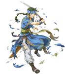  1boy bandages bangs belt boots braid clenched_teeth fire_emblem fire_emblem:_the_blazing_blade fire_emblem_heroes full_body gold_trim green_eyes green_hair guy_(fire_emblem) headband highres holding holding_sword holding_weapon indesign leg_up long_hair looking_away male_focus non-web_source official_art one_eye_closed pants parted_lips pelvic_curtain shiny shiny_hair short_sleeves single_braid solo sword teeth torn_clothes torn_pants transparent_background weapon 