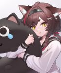  1girl :t ahoge animal_ears bangs black_hairband black_sailor_collar braid cat_ears cat_girl chun_zhuan collarbone commentary_request eyebrows_visible_through_hair hair_ornament hairband highres hinayuki indie_virtual_youtuber long_hair long_sleeves looking_at_viewer multicolored_hair object_hug paw_print red_hair sailor_collar school_uniform serafuku shirt simple_background slit_pupils solo streaked_hair stuffed_animal stuffed_cat stuffed_toy swept_bangs thick_eyebrows twintails two-tone_hair upper_body v-shaped_eyebrows virtual_youtuber white_background white_shirt x_hair_ornament yellow_eyes 