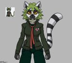  &lt;3 2022 ai_generated anthro black_body black_fur black_pupils black_stripes bottomwear breasts brown_eyes clothed clothing danganronpa fan_character felino female front_view fur green_bottomwear green_clothing green_hair green_pants green_shirt green_topwear grey_background grey_body grey_fur grey_scarf hair half-closed_eyes hi_res jacket lemur looking_at_viewer mammal markings narrowed_eyes necktie open_clothing open_jacket open_topwear orange_sclera pants primate pupils red_necktie scarf shirt simple_background solo standing strepsirrhine striped_body striped_fur striped_markings striped_tail stripes tail_markings topwear white_body white_fur 