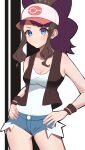  1girl absurdres baseball_cap black_vest blue_eyes breasts brown_hair cleavage closed_mouth commentary_request cowboy_shot denim denim_shorts frown hands_on_hips hat high_ponytail highres hilda_(pokemon) long_hair okuro_zmzm pokemon pokemon_(game) pokemon_bw shirt short_shorts shorts sidelocks sleeveless sleeveless_shirt solo tank_top vest white_shirt wristband 