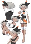  1girl bangs barefoot bea_(pokemon) black_bodysuit black_hairband bodysuit bodysuit_under_clothes bow_hairband breasts collared_shirt commentary_request dynamax_band gloves grey_eyes grey_hair hairband highres knee_pads multiple_views nuibashi pokemon pokemon_(game) pokemon_swsh print_shirt print_shorts shirt short_hair short_sleeves shorts single_glove sweat toes towel towel_around_neck undressing white_background 
