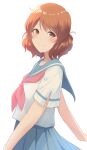  14sai_bishoujo_(shoutarou) 1girl bangs blue_sailor_collar blue_skirt blush brown_eyes brown_hair closed_mouth hibike!_euphonium highres kitauji_high_school_uniform looking_at_viewer neckerchief oumae_kumiko outstretched_arms pink_neckerchief pleated_skirt sailor_collar school_uniform serafuku shirt short_hair short_sleeves simple_background skirt smile solo spread_arms standing white_background white_shirt 