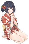  1girl aa211108 absurdres bare_legs barefoot blush dark_blue_hair flower hair_bun hair_flower hair_ornament highres idolmaster idolmaster_shiny_colors japanese_clothes kimono leaf_print looking_at_viewer maple_leaf_print morino_rinze own_hands_together red_eyes red_kimono seiza short_kimono single_side_bun sitting solo wide_sleeves 