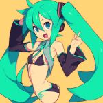  1girl :d ass bikini black_bikini black_sleeves breasts detached_sleeves green_eyes green_hair hair_between_eyes hatsune_miku long_hair looking_at_viewer metata side-tie_bikini simple_background small_breasts smile solo swimsuit twintails vocaloid yellow_background 