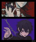  2boys animal_collar black_hair black_sweater blue_background blush chain choker collar cuffs earrings floral_print grin handcuffs highres indie_virtual_youtuber jewelry long_sleeves looking_at_viewer male_focus multiple_boys nijisanji nijisanji_en open_mouth purple_eyes red_background red_choker short_hair shoto_(vtuber) smile sweater tako_wieners virtual_youtuber vox_akuma yaoi 