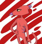  2017 abstract_background ambiguous_gender anthro cartoon_network courage_the_cowardly_dog domestic_cat featureless_crotch felid feline felis fur hand_on_hip hi_res katz_(courage_the_cowardly_dog) looking_away mammal purple_stripes red_body red_fur shaded simple_background solo striped_body striped_fur stripes vikavikings yellow_eyes 