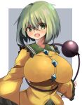  :o bangs blush breasts buttons diamond_button eyeball eyebrows_visible_through_hair eyes_visible_through_hair fang frilled_shirt_collar frilled_sleeves frills green_eyes green_hair hair_between_eyes highres huge_breasts komeiji_koishi long_sleeves looking_at_viewer medium_hair no_hat no_headwear open_mouth shirt skin_fang sleeves_past_wrists spy_(user_jxcc8553) standing third_eye touhou wide_sleeves yellow_shirt 