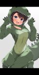  1girl absurdres black_hair blue_eyes blush breasts costume dinosaur_costume fang highres hololive kuno large_breasts oozora_subaru open_mouth smile virtual_youtuber 