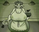  2022 absurd_res anthro apron beverage beware_the_shadowcatcher big_breasts bottomwear bovid bratcatt breasts caprine chubby_anthro chubby_female clothing coffee curlers curvy_figure denim denim_clothing ear_piercing ear_ring eyewear female food glasses grey_background greyscale half-closed_eyes hi_res huge_breasts jeans kettle lamp looking_at_viewer mammal mature_anthro mature_female maude_(bts) monochrome narrowed_eyes nipple_outline pancake pants piercing plate sheep shirt simple_background slightly_chubby smile solo spatula thick_thighs tight_clothing tools topwear voluptuous wide_hips 