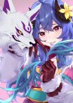  1girl :o blue_hair bow_(weapon) curled_horns fur-trimmed_jacket fur_trim gloves holding holding_weapon horns humanization jacket kindred_(league_of_legends) lamb_(league_of_legends) league_of_legends looking_at_viewer nail_polish no_mask partially_fingerless_gloves red_eyes sheep_horns shizumiyme simple_background spirit_blossom_kindred upper_body wavy_hair weapon wolf wolf_(league_of_legends) 