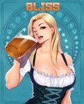  1girl absurdres alcohol bare_shoulders beer beer_mug black_dress blonde_hair blouse breast_tattoo breasts cleavage commentary_request cross-laced_dress cup dirndl dress drinking frilled_shirt frills froth german_clothes green_eyes hair_behind_ear highres holding holding_cup long_hair medium_breasts mole mole_under_mouth mug off-shoulder_shirt off_shoulder ogami one_eye_closed original puffy_short_sleeves puffy_sleeves shirt short_sleeves solo tattoo teeth tongue tongue_out underbust upper_body upper_teeth 