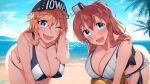  2girls ball beach beachball bikini blew_andwhite blonde_hair blue_eyes blue_sky breasts brown_hair character_name cleavage cloud commission cowboy_shot day hair_between_eyes highres iowa_(kancolle) kantai_collection large_breasts leaning_forward long_hair looking_at_viewer multiple_girls official_alternate_costume outdoors ponytail saratoga_(kancolle) side_ponytail sidelocks skeb_commission sky smokestack_hair_ornament star-shaped_pupils star_(symbol) swimsuit symbol-shaped_pupils white_bikini 