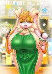 anthro apron apron_only big_breasts blush breasts clothing coffee_cup coffee_shop container cup eyes_closed female flower hi_res holding_object huge_breasts i_mean_breast_milk lagomorph leporid mammal marker mature_female meme michiyoshi mostly_nude plant rabbit sega solo sonic_the_hedgehog_(series) vanilla_the_rabbit wide_hips 