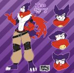  anthro bandai_namco blush bottomwear claws clothing digimon digimon_(species) embarrassed fluffy_chest fur gloves grin handwear hi_res hybrid impmon male pants purple_body purple_fur scarf sharp_teeth shirtless smile solo strabimon tattoorexy teeth tongue 