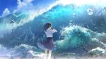  1girl beach black_hair blue_sky bow_(music) closed_eyes cloud facing_away floating_hair from_behind holding_bow_(music) instrument long_hair m.b medium_skirt motion_blur music playing_instrument pleated_skirt school_uniform shirt skirt sky solo standing surges_(song) violin water_drop waves white_shirt wind wind_lift 