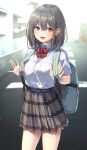  1girl :d backpack bag bangs blue_shirt blurry blurry_background blush bob_cut bow bowtie brown_eyes brown_hair brown_skirt building collared_shirt dress_shirt green_bag hands_up highres looking_at_viewer medium_hair open_mouth original outdoors plaid plaid_bow plaid_bowtie plaid_skirt pleated_skirt red_bow red_bowtie road school_uniform shirt short_sleeves skirt smile solo standing unasaka_ryou 