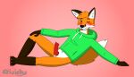 2021 alexander_(fuchsicus) anthro blep blush canid canine clothed clothing erection fox fuchsicus fur genitals hi_res knot lying male mammal on_side one_eye_closed penis simple_background solo tongue tongue_out wink 