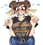  1girl alternate_costume blush breasts brown_eyes brown_hair chun-li clothes_writing denim double_bun earrings flying_sweatdrops hair_bun highres jeans jewelry kecchi0 large_breasts pants shirt street_fighter street_fighter_6 t-shirt white_background wide_hips 