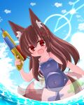  1girl :d animal_ears bangs bare_arms bare_shoulders blue_sky blue_swimsuit brown_hair cloud collarbone commentary_request covered_navel day eyebrows_visible_through_hair fox_ears fox_girl fox_tail hair_between_eyes hair_ornament heart heart_hair_ornament highres holding innertube kanijiru long_hair looking_at_viewer one-piece_swimsuit original outdoors red_eyes school_swimsuit sky smile solo standing swimsuit tail transparent very_long_hair water water_gun 