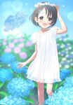  arm_up black_hair blue_flower blurry blurry_background blush bokeh dated depth_of_field dress feet_out_of_frame field flower flower_field happy_birthday head_wreath highres idolmaster idolmaster_cinderella_girls looking_at_viewer megabee_e sasaki_chie short_hair smile white_dress 