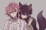  2boys animal_ears asymmetrical_earrings black_sweater dog_boy dog_ears dog_tail earrings grey_background highres indie_virtual_youtuber jewelry long_sleeves minase_(neo-porte) mole mole_under_eye multicolored_hair multiple_boys neo-porte pink_hair purple_eyes purple_hair short_hair shoto_(vtuber) smile streaked_hair sweater tail tako_wieners tassel tassel_earrings white_hair wide_sleeves 