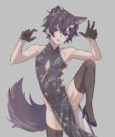  1boy animal_ears bare_shoulders black_dress black_footwear black_gloves black_legwear china_dress chinese_clothes claw_pose crossdressing dog_boy dog_ears dog_tail dress earrings floral_print gloves grey_background hair_ornament hairclip half_gloves high_heels highres indie_virtual_youtuber jewelry looking_at_viewer male_focus no_panties purple_eyes purple_hair short_hair shoto_(vtuber) standing standing_on_one_leg tail tako_wieners virtual_youtuber 