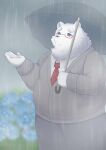  2022 absurd_res anthro ayata belly big_belly blush bottomwear clothing eyewear flower fur glasses hi_res humanoid_hands kemono male mammal necktie overweight overweight_male pants plant raining shirt solo topwear umbrella ursid white_body white_fur 