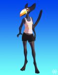  anthro ara&ccedil;ari avian banana beak big_beak bird black_beak black_body black_bottomwear black_claws black_clothing black_fur black_scales black_shorts bottomwear breasts claws clothing digital_media_(artwork) digitigrade felid feline_tail female food fruit fur gradient_beak gryphon hi_res leopard long_beak looking_at_viewer mammal midriff mira_(wetchop) mythological_avian mythology orange_beak pantherine plant sazemek scales shirt shorts slim small_breasts solo standing tall tank_top topwear toucan toucat white_beak yellow_beak yellow_eyes 