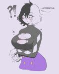  !? 1girl :&gt; argyle black_hair black_sweater blush breast_expansion breasts bursting_breasts constricted_pupils cropped_legs english_commentary english_text fingernails green_eyes high-waist_skirt highres huge_breasts looking_down multicolored_hair nyantcha original purple_skirt short_hair skirt solo sweater torn_sweater turtleneck turtleneck_sweater two-tone_hair white_hair yorra_villeneuve 