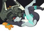  2022 armor bedroom_eyes black_body black_skin breasts butt digital_media_(artwork) featureless_breasts feet female grin hair hands_behind_head head_gear headgear helmet humanoid kin_niku legs_up looking_at_viewer lying markings midna multicolored_body narrowed_eyes nintendo not_furry on_back one_eye_obstructed orange_hair red_eyes seductive short_stack side_view simple_background small_breasts smile solo the_legend_of_zelda twili twilight_princess two_tone_body video_games white_body white_skin yellow_sclera 