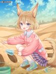  1girl animal_ears bangs blonde_hair blue_sky blush bucket cloud cloudy_sky collared_shirt commentary_request copyright_request day desert dress_shirt eyebrows_visible_through_hair fox_ears fox_girl fox_tail frilled_shirt_collar frills green_footwear hair_between_eyes holding long_sleeves looking_at_viewer open_mouth outdoors pink_shirt plaid plaid_skirt pleated_skirt puffy_long_sleeves puffy_sleeves purple_eyes purple_skirt ribbed_legwear sand sand_sculpture shirt shoes short_hair skirt sky sleeves_past_wrists socks solo squatting tail trowel yuuki_rika 