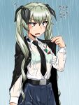  anchovy_(girls_und_panzer) belt belt_buckle black_cape black_necktie black_ribbon black_skirt bra bra_visible_through_clothes brown_eyes buckle cape check_rating commentary_request drill_hair girls_und_panzer green_bra green_hair hair_ornament hair_ribbon long_sleeves necktie oosaka_kanagawa pleated_skirt rain ribbon see-through shirt skirt translation_request twin_drills twintails underwear water_drop wet wet_clothes wet_hair wet_shirt wet_skirt white_shirt 