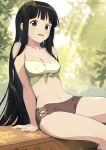  1girl anime_coloring artist_name bangs bikini black_eyes black_hair blunt_bangs breasts cleavage commentary_request highres ichimi_renge long_hair looking_at_viewer navel open_mouth original small_breasts soaking_feet solo strapless swimsuit tube_top twitter_username watermark 
