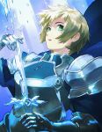  1girl absurdres armor bangs blonde_hair breastplate commentary_request eugeo green_eyes highres holding holding_sword holding_weapon knight letro parted_lips shattered short_hair shoulder_armor solo sword sword_art_online upper_body very_short_hair weapon 