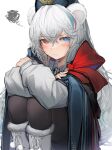  1girl absurdres animal_ears arknights bangs bear_ears black_cape black_headwear black_legwear blue_eyes blush boots cape closed_mouth coat eyebrows_visible_through_hair feet_out_of_frame fur-trimmed_boots fur_hat fur_trim grey_hair hat heterochromia highres knee_boots long_hair long_sleeves looking_at_viewer pantyhose pom_pom_(clothes) red_eyes red_ribbon ribbon rosa_(arknights) self_hug sitting solo squiggle tab_head thighband_pantyhose ushanka v-shaped_eyebrows very_long_hair white_coat white_footwear 