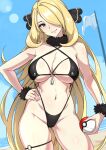  1girl ass_visible_through_thighs bare_arms bare_shoulders beach black_swimsuit blonde_hair blue_sky breasts closed_mouth contrapposto cowboy_shot cynthia_(pokemon) day grey_eyes hair_ornament hair_over_one_eye head_tilt highres large_breasts light_smile long_hair looking_at_viewer o-ring outdoors pokemon pokemon_(game) pokemon_dppt sky slingshot_swimsuit solo sturmjager summer swimsuit thigh_strap very_long_hair 