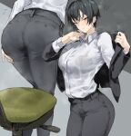  1girl absurdres ass bangs black_hair black_jacket blazer blush bra_visible_through_clothes breasts brown_eyes chair collared_shirt commentary_request grey_pants highres jacket kyoyakyo large_breasts long_sleeves looking_at_viewer multiple_views office_chair office_lady open_clothes open_jacket original pants pantylines shirt shirt_tucked_in short_hair steaming_body sweatdrop very_short_hair white_shirt wing_collar 